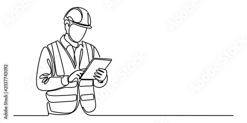 Quadro su tela Continuous line drawing of a construction engineer wearing a hard hat and safety