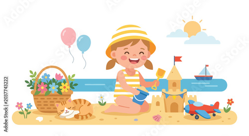 A happy young girl in a striped swimsuit builds a sandcastle on a sunny beach, surrounded by flowers, toys, balloons, and a sleeping ginger cat.