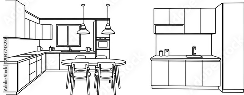 Black and white line art drawing of a modern kitchen interior with cabinets and a dining table set in a simple architectural sketch style for home design Vector, illustration