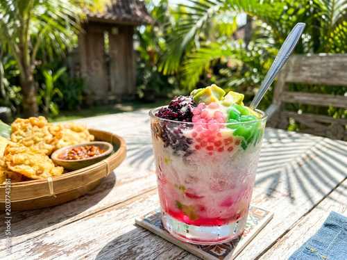 Indonesian Es Campur Shaved Ice Dessert with Fried Snacks