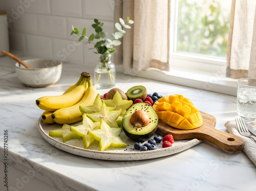 Fresh Tropical Fruit Platter on Kitchen Counter in Morning Light