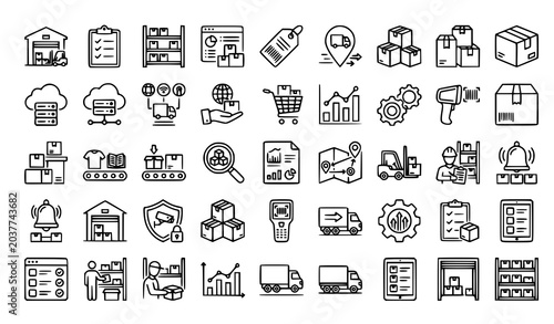 Fotografie Creative warehouse and inventory management monoline icon pack for logistics and