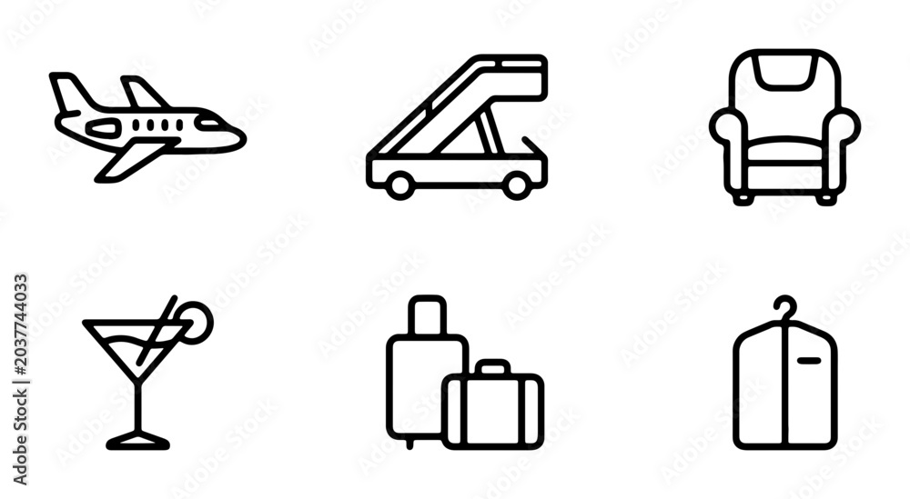 Fototapeta premium Travel Icons: Airplane, Stairs, Seat, Cocktail, Luggage, Hanger, Vector Set for Aviation and Hospitality