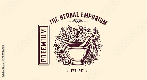 Foto Vintage Herbal Emporium Logo with Mortar and Pestle.