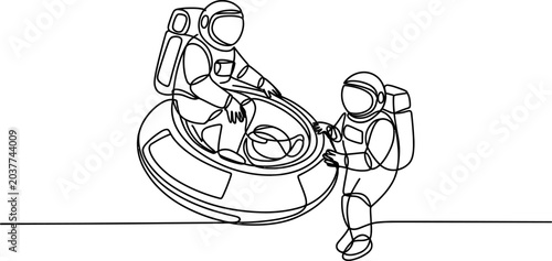 Foto Continuous single line drawing of two astronauts exploring space in a futuristic