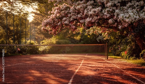 Sunlit tennis court framed by a blooming tree in spring, dappled light