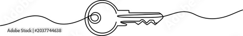 Photos A single continuous line drawing of a simple door key symbol representing securi
