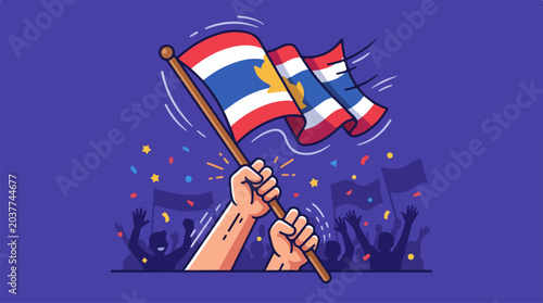 Thai flags in hands waving.