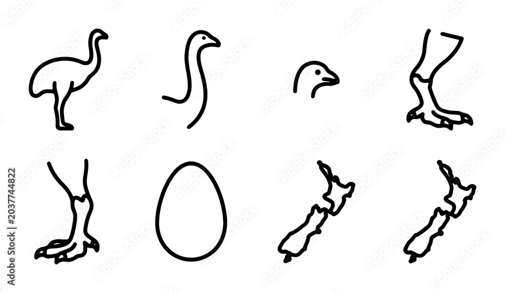 Fototapeta premium Minimalist Bird Icons Set, New Zealand Outline Graphics, Avian Elements Collection, Simple Vector Shapes for Nature Themes