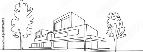 Modern luxury house building with trees in a continuous single line drawing style for minimalist architectural design concepts and real estate business branding Vector, illustration