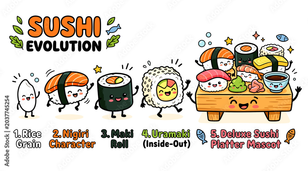 Fototapeta premium Sushi Evolution A Whimsical Journey Through Rice, Nigiri, Maki, Uramaki, and Deluxe Platters