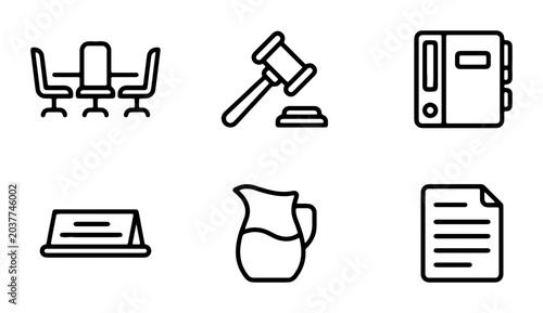 Obraz na plátne Legal and Business Meeting Icons: Gavel, Conference Table, Binder, Pitcher, Document, Nameplate