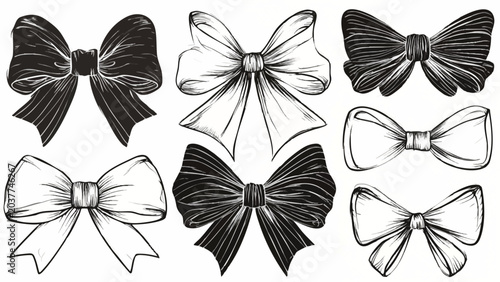 Fényképezés Decorative ribbon bows and bow ties in hand sketched style