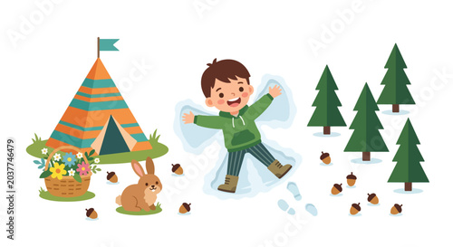 A happy boy makes a snow angel in a playful vector illustration that blends icons from all four seasons into one charming outdoor scene.