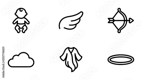 Billede på lærred Vector Icons: Baby, Angel Wing, Cupid Bow, Cloud, Robe, Halo Set for Valentine's
