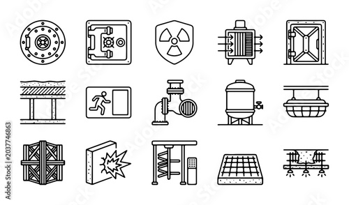 Quadro su tela Industrial Safety Icons Set: Warning Signs, Security Equipment, Hazardous Materi