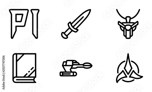 Fotografie Sci-Fi Icons Set: Futuristic Symbols, Ancient Sword, Book, Spaceship, and Klingo
