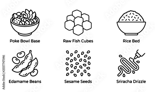 Poke Bowl Ingredients Vector Icons, Raw Fish Cubes, Edamame Beans, Rice Bed, Sesame Seeds, Sriracha Drizzle, 6 Elements Set