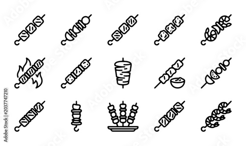 Photography 15 Skewers and Kebabs Icons, Vector Food Graphics, Meat and Seafood Grilling Sym