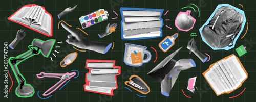 Foto School Supplies Collage Sticker set Back to School Halftone Stationery Laptop Li