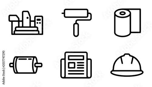 Tableau sur toile Printing Press, Roller, Paper Roll, Hard Hat, Newspaper Icons Set: Industrial Ma