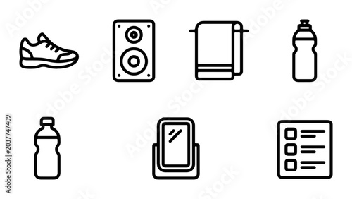 Fitness Icons Set: Running Shoe, Speaker, Towel, Water Bottle, Mirror, Checklist, Vector Graphics for Health and Wellness