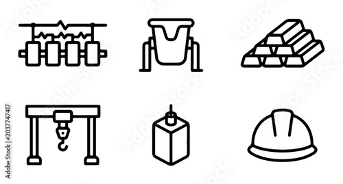 Industrial Icons Set: Metallurgy, Manufacturing, and Heavy Industry Equipment, Vector Graphics for Production and Engineering