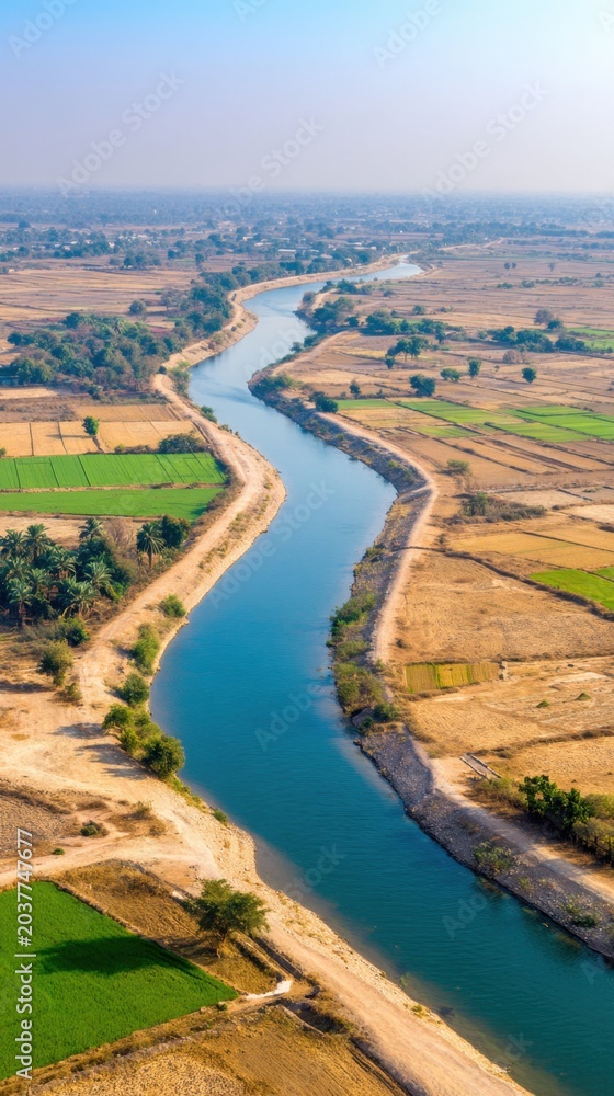 Obraz premium Aerial view of a winding river flowing through green fields and dry landscapes under bright skies