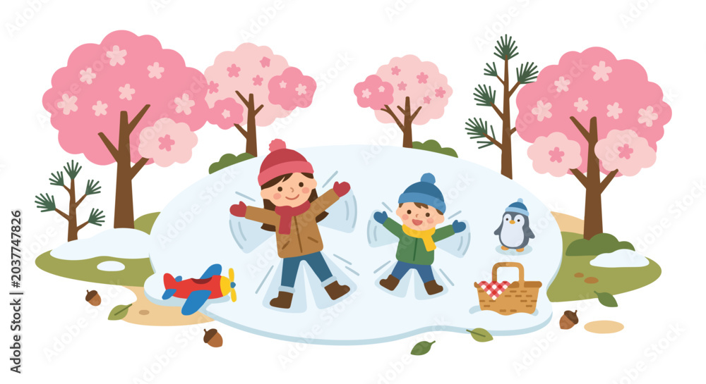 Naklejka premium Two happy children make snow angels in a small snowy patch surrounded by blooming cherry blossoms, a penguin, and a picnic basket in a park.