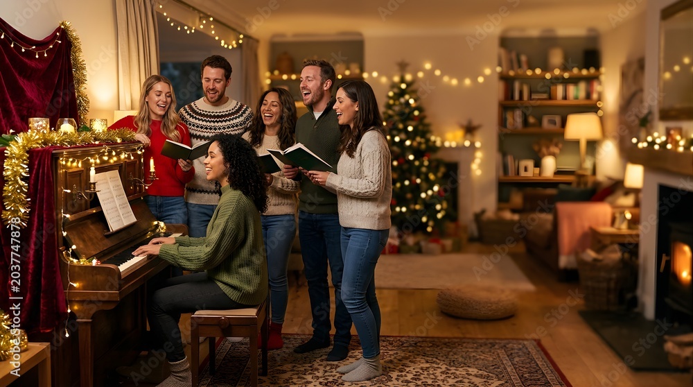 Fototapeta premium Happy friends singing carols around a piano in a cozy decorated home