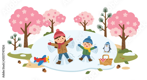 Two happy children make snow angels in a small snowy patch surrounded by blooming cherry blossoms, a penguin, and a picnic basket in a park.