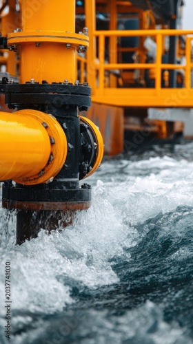 An industrial scene featuring a yellow pipe submerged in churning ocean waves near a platform