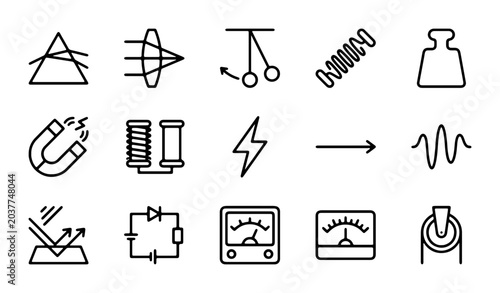 Schilderij op canvas Physics Icons Set, Science Symbols Collection, Educational Vector Graphics for S