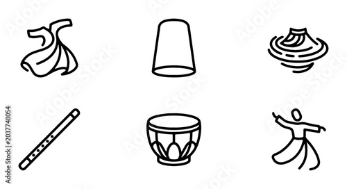 Foto Sufi Whirling Dervish, Turkish Culture Icons: Ney Flute, Drum, Djembe, Cup, Trad