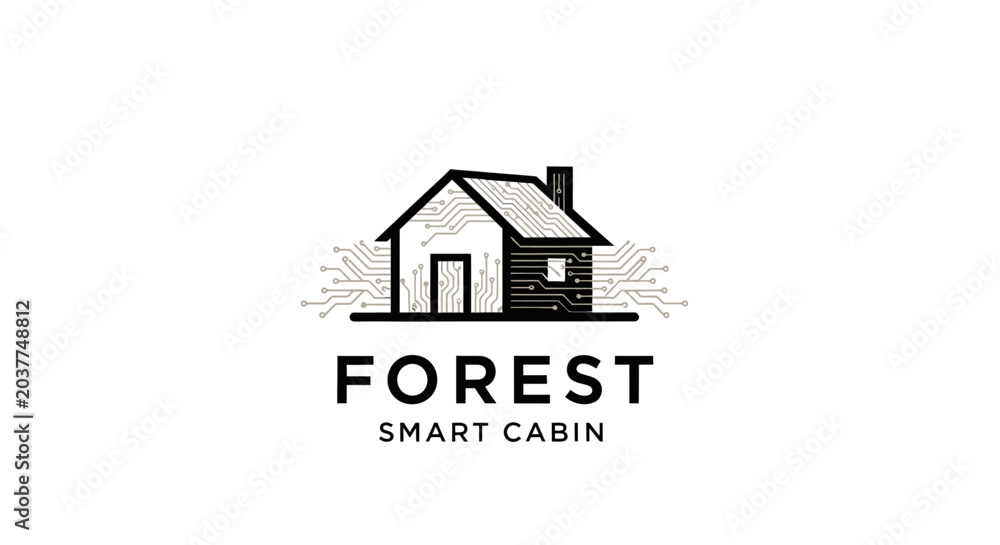 Fototapeta premium Minimalist black and white logo design featuring a simple house with smoke emanating from its chimney, set against a backdrop of abstract trees and the text 'FOREST SMART CABIN' below