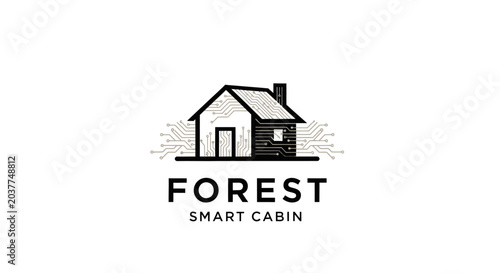 Minimalist black and white logo design featuring a simple house with smoke emanating from its chimney, set against a backdrop of abstract trees and the text 'FOREST SMART CABIN' below