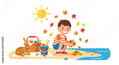 A cheerful young boy plays with autumn leaves on a sunny beach next to a sleeping ginger cat, a picnic basket, and a toy bucket with a spade.