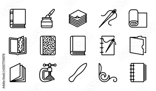 Photography Bookbinding Icons Set, Craft Supplies & Tools Vector Collection, Stationery & Pa