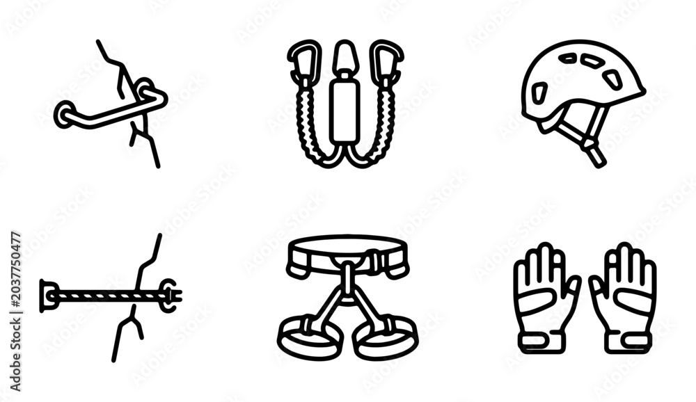 Fototapeta premium Rock Climbing Gear Icons, Outdoor Adventure Equipment Set, Mountaineering Safety Tools Collection, Vector Graphics for Sports and Recreation