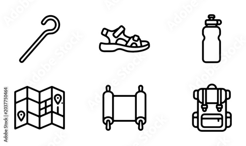 Slika na platnu Outdoor Adventure Icons: Backpack, Map, Water Bottle, Walking Stick, Sandal, Scroll