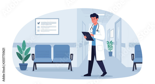 Doctor walking in hospital corridor with clipboard, medical checkup concept