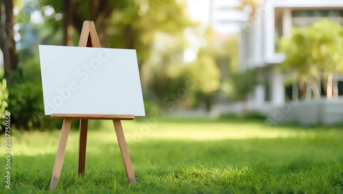Empty easel with blank canvas stands in sunlit garden