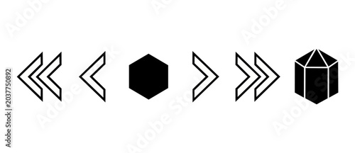 Schilderij op canvas Minimalist chevron arrow icons set depicting progress navigation web interface controls featuring black linear hexagons and sleek vector forward backward direction signs for modern application menu