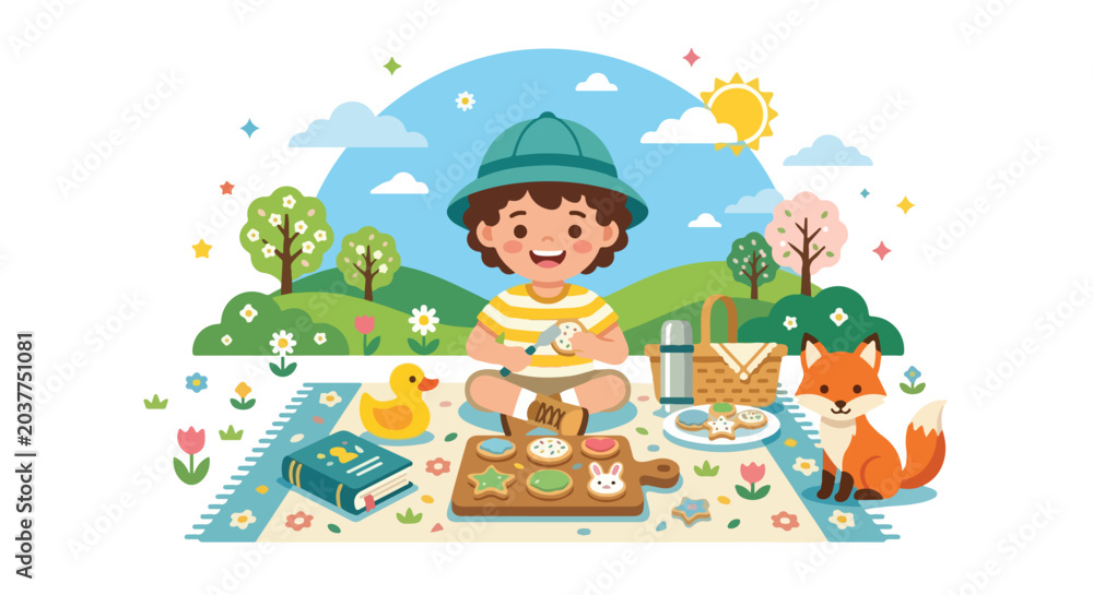 Fototapeta premium A happy boy in a safari hat enjoys an outdoor picnic with cookies, a book, and a friendly fox amidst a beautiful, sunny park landscape.