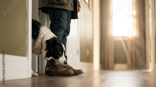 A black and white dog peeks around a doorway to sniff a person's leather boots