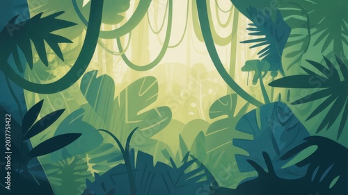 A stylized cartoon jungle scene with lush green foliage and bright sunlight filtering through