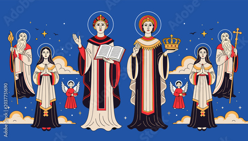 Photos Illustration of Saints, Angels, and Religious Figures in a Celestial Setting with Clouds and Stars