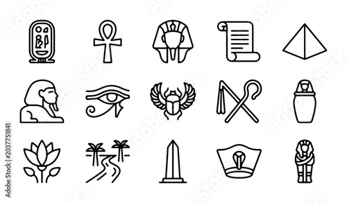 Foto Ancient Egyptian Icons Set, Pharaoh Hieroglyphs, Pyramids, Ankh, Scarab, Eye of