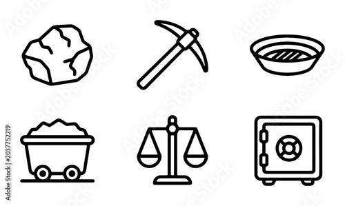 Foto Mining Industry Icons: Ore, Pickaxe, Scale, Cart, Safe, Pan