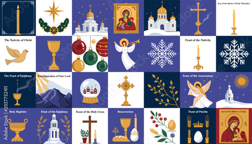 Canvastavla A grid of 30 square images depicting various Christian symbols, holidays, and religious icons, presented in a flat, illustrative style with a blue background